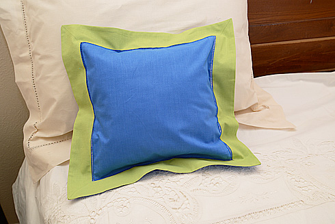 Pillow Sham.12"x12" Square. French Blue with Macaw Green Border